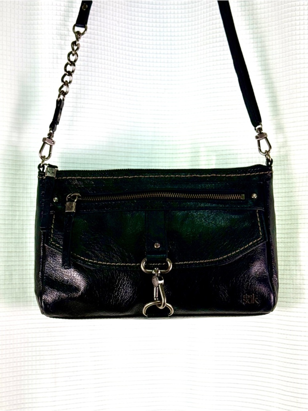 The Sak Black Leather Ventura Crossbody/Clutch Convertible Bag Silver Hardware